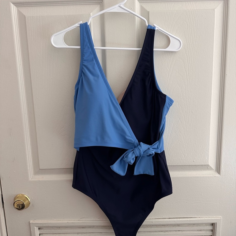 Kona Sol Two-Tone Blue Wrap One-Piece Swimsuit